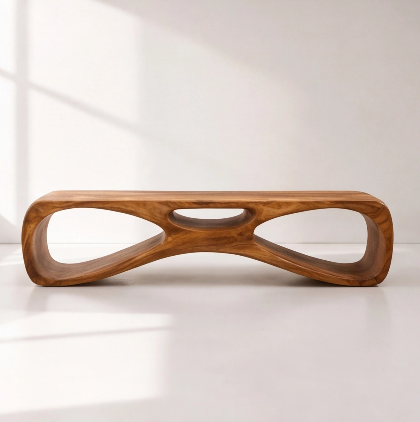 Tri-Cutout Bench Modern Sculptural Entryway Seating Stand Genuine Solid Wood