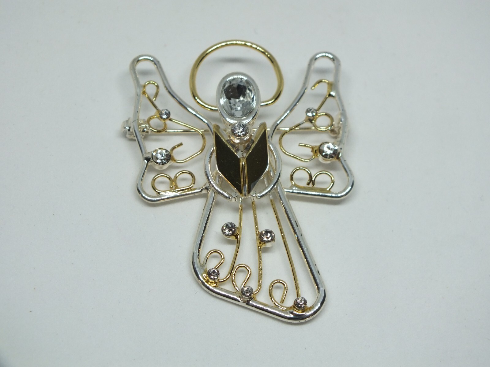 Cute Brooch Pin Gold Silver Tone Angel Clear Rhinestones 1 1/2 x 2"  NICE