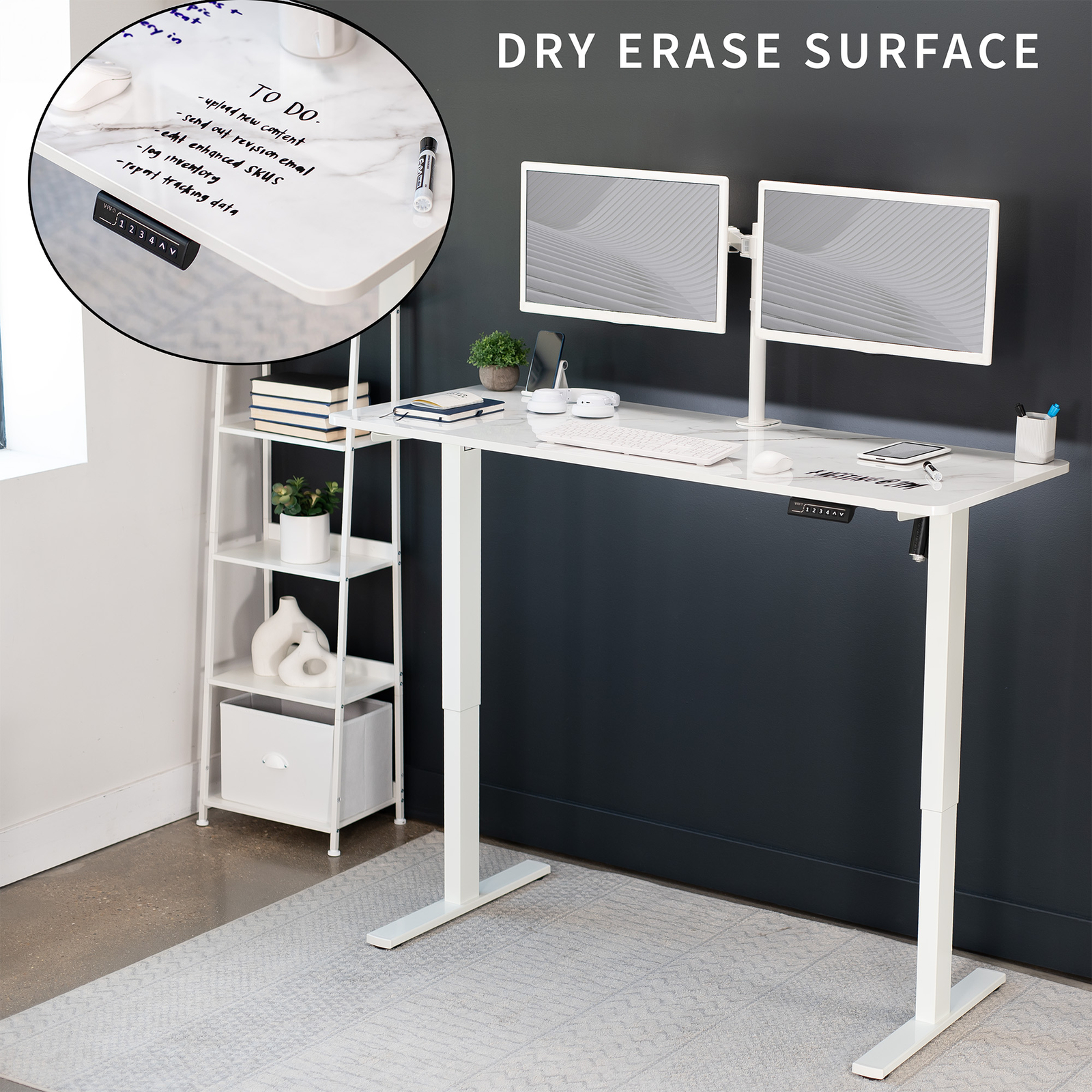 VIVO Electric 60” x 24” Stand Up Desk, White Marble Dry Erase Top, White Frame