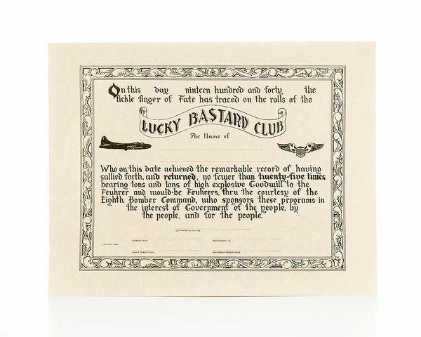 CERTIFICATE- 8th Air Force 25 missions, WW II, B-17 Flying Fortress   EPH-0110