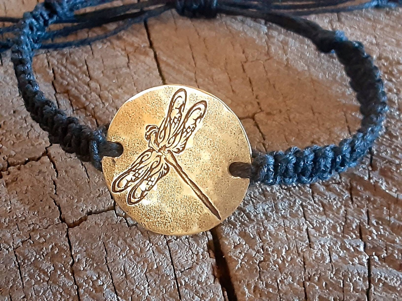 Handmade Black Hemp Bracelet: Brass Dragonfly, Adjustable Woven Design