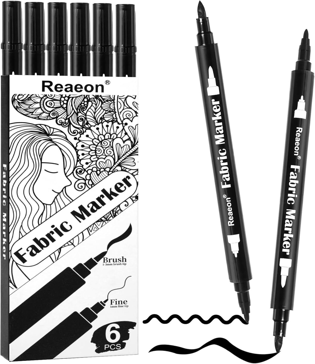 Black Fabric Markers, Dual Tip Paint 1 Count (Pack of 6),
