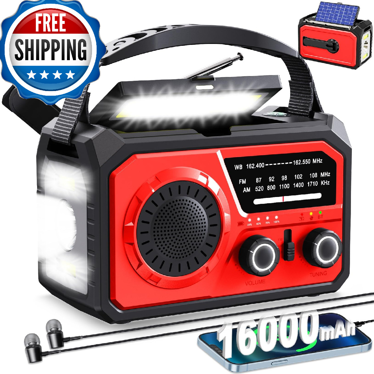 16000mAh Hand Crank Emergency Weather Radio with Wireless Speaker, 59200mWh NOAA