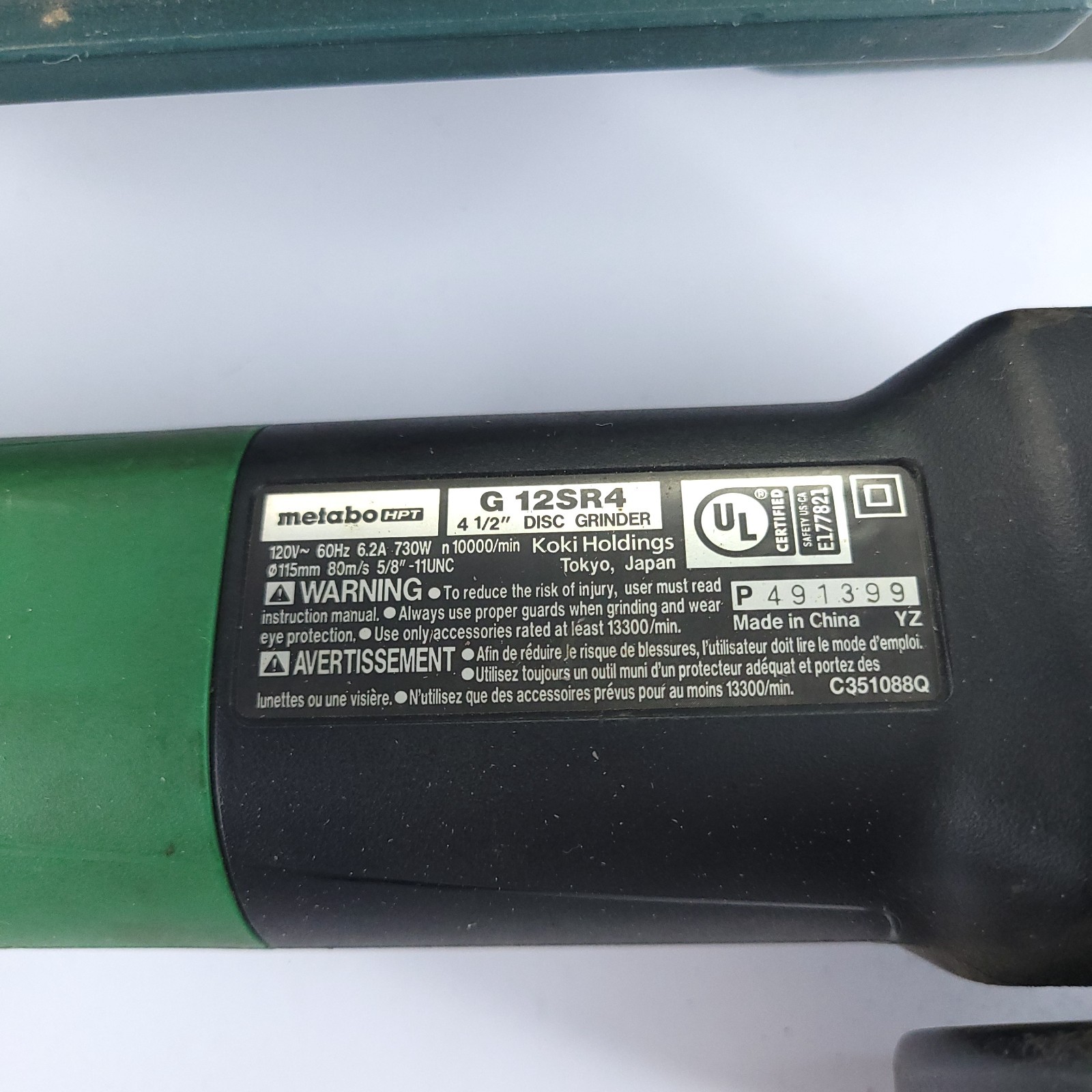 Metabo HPT G12SR4 4-1/2" Angle Grinder in Hard Case Tested - Missing Handle