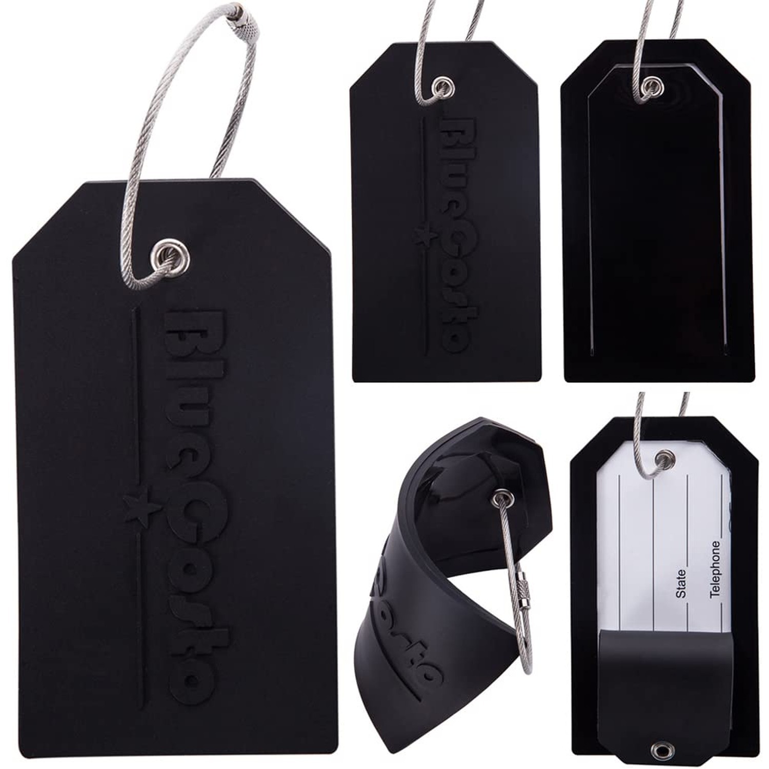 BlueCosto - Luggage Tags - Large, Black, 5 PK - PVC Suitcase Tags w/Privacy C...