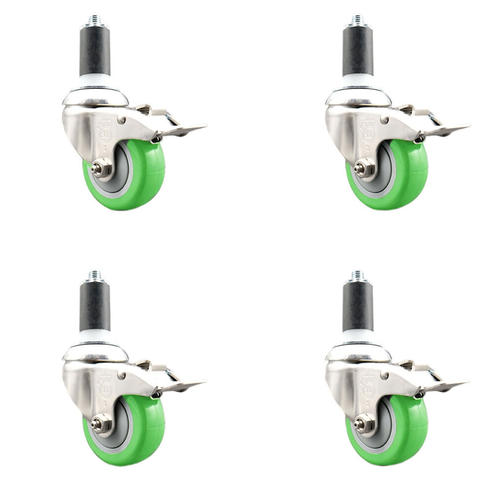 3.5 Inch 316SS Green Poly Swivel 1-1/4 Inch Expanding Stem Caster Set Lock Brake