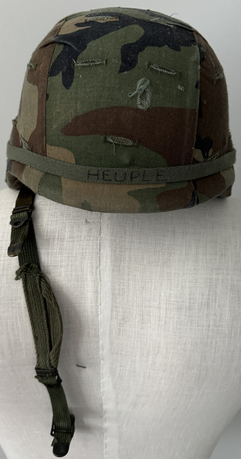 VTG '89 OG GULF WAR HELMET US ARMY/MARINE FULL LINER WOODLAND CAMO COVER SPP M-1