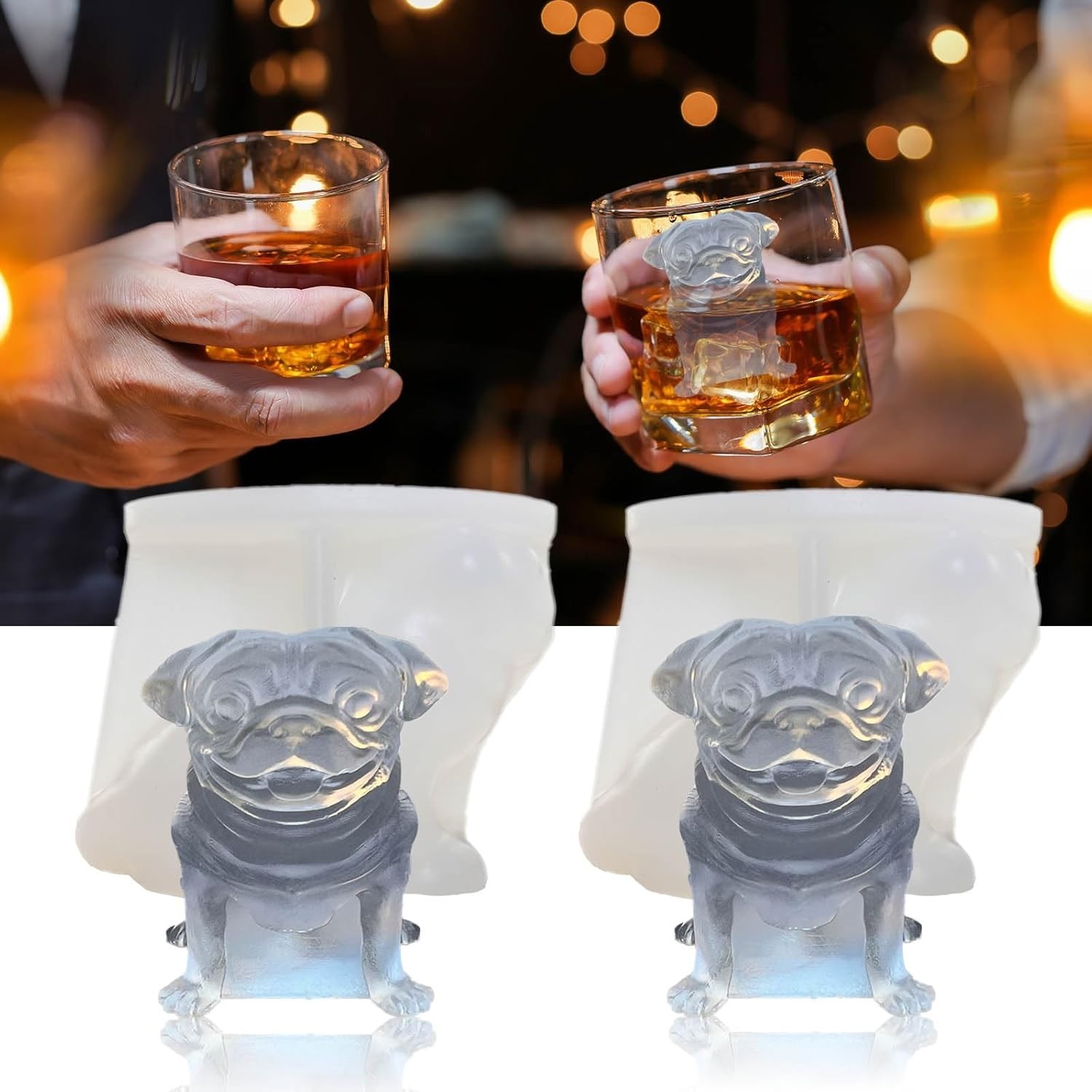 3D Pug Dog Ice Cube Silicone Molds Tray Whiskey Cocktail Drink Decor Bar 2 Pack