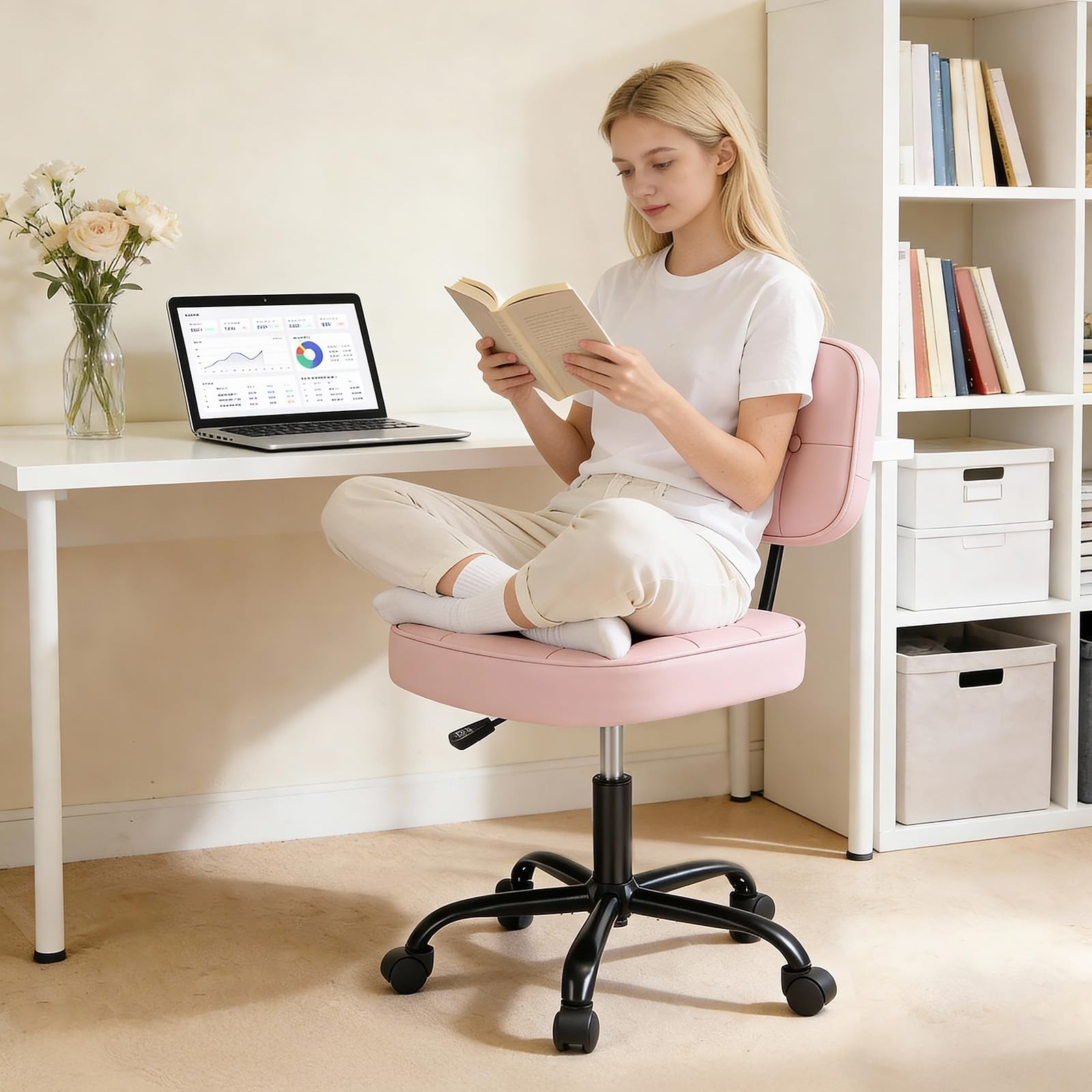 Home Office Desk Chair - Ergonomic Armless PU Leather Computer Rolling Task C...