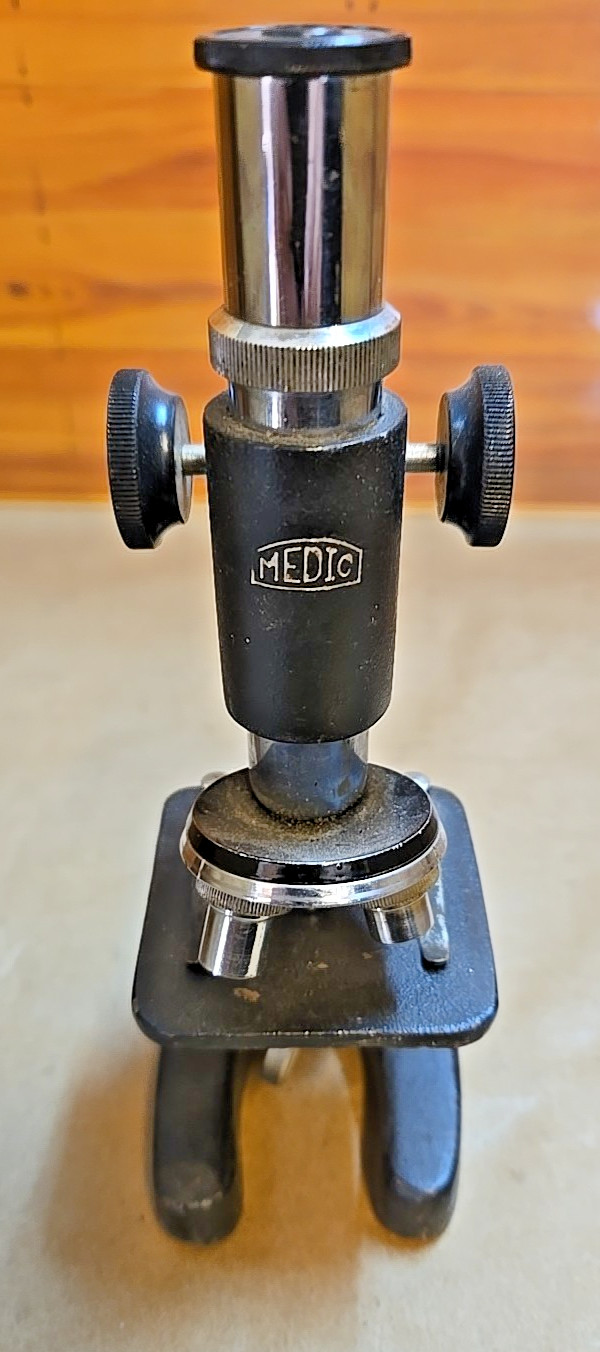 Vintage "Medic" Compound Microscope w/ Wooden Box; Two Data Cards Included