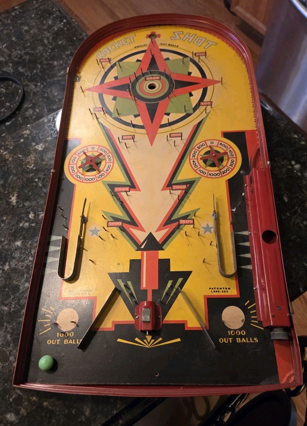 Rocket Shot Bagatelle Tabletop Pinball Game Lindstrom 1934 24" NO GLASS COVER