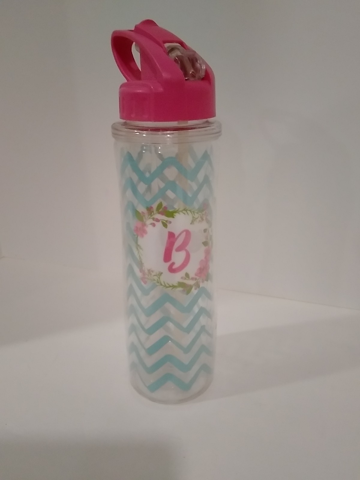 Water Bottle with Flip Up Straw Plastic Clear/Teal with Coral Top Letter "B"