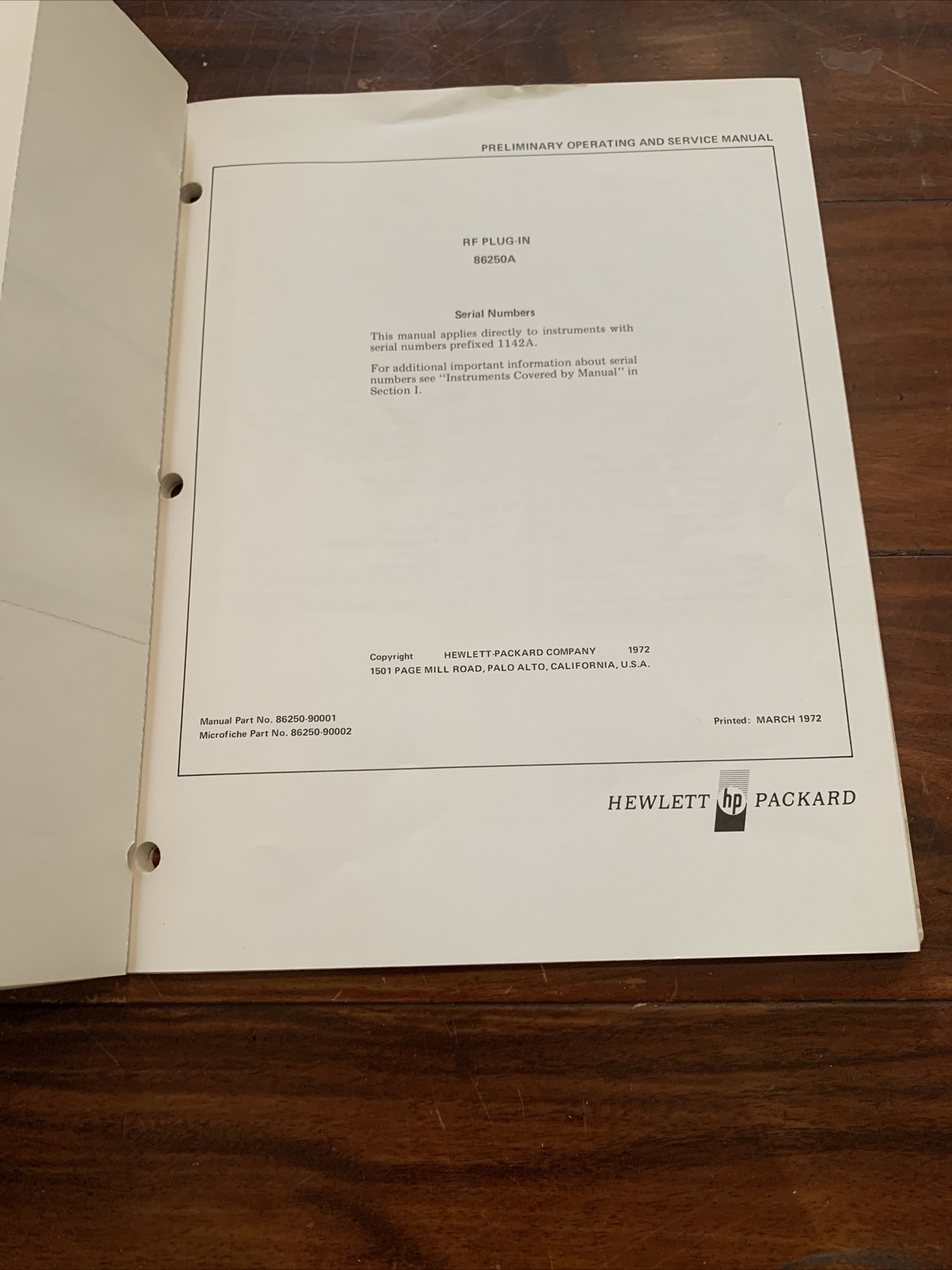 HP 86250A RF Plug-In ~ Operating & Servicing Manual ~ 86250-90001