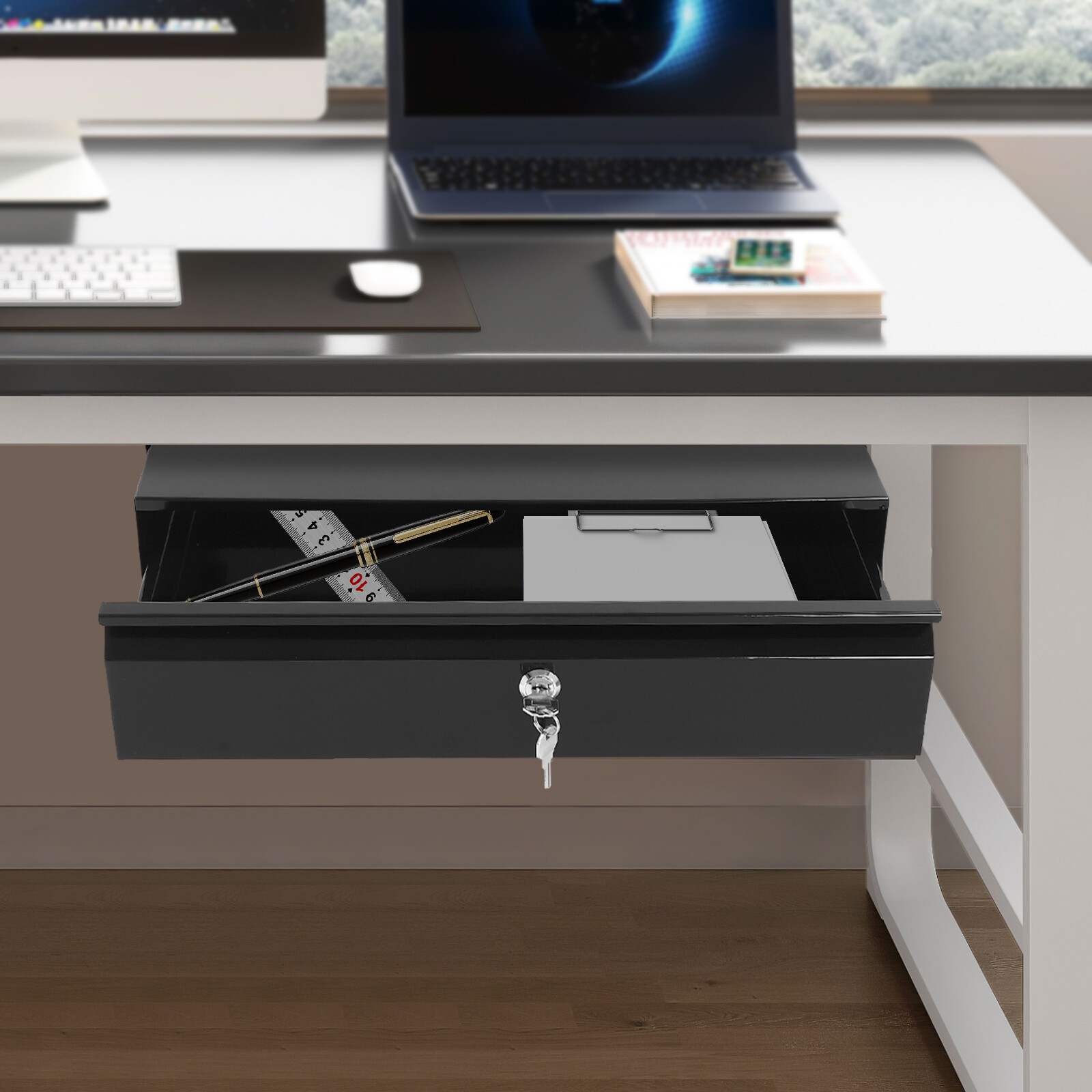 Under-Desk Slide-Out Lockable Drawer Black 45 × 31 × 9.9 cm