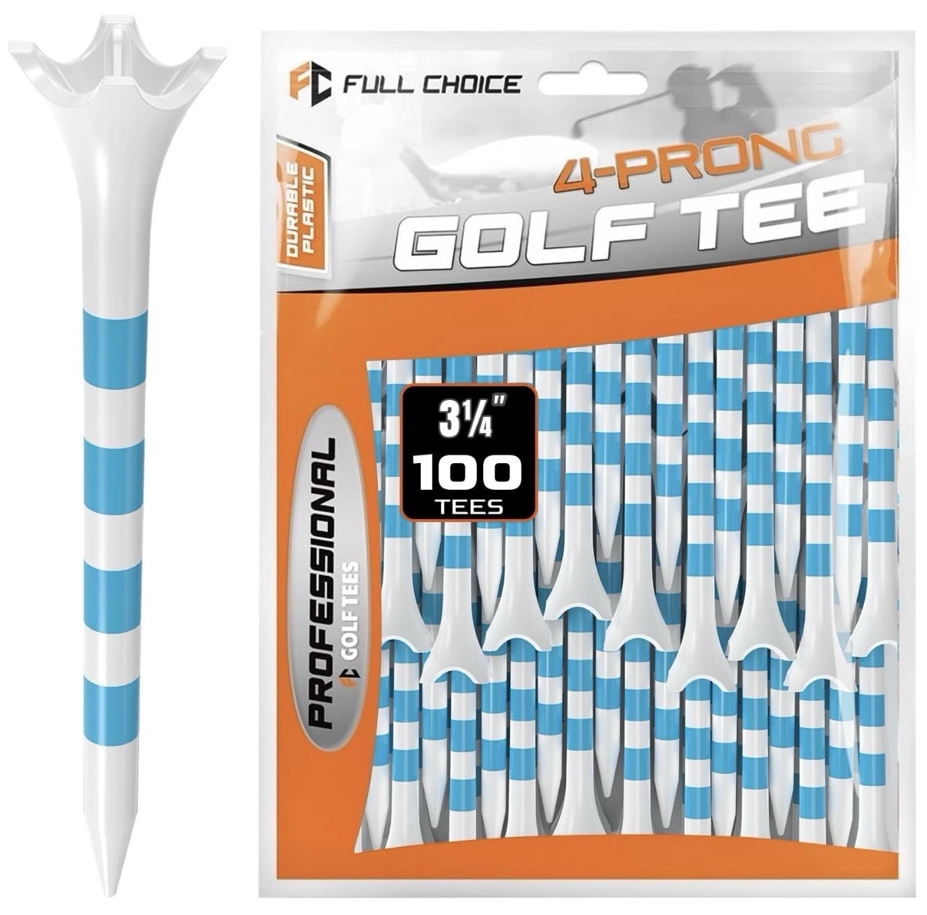 Full Choice 100x Plastic Golf Tees 3-1/4" - Low Resistance, White/Blue