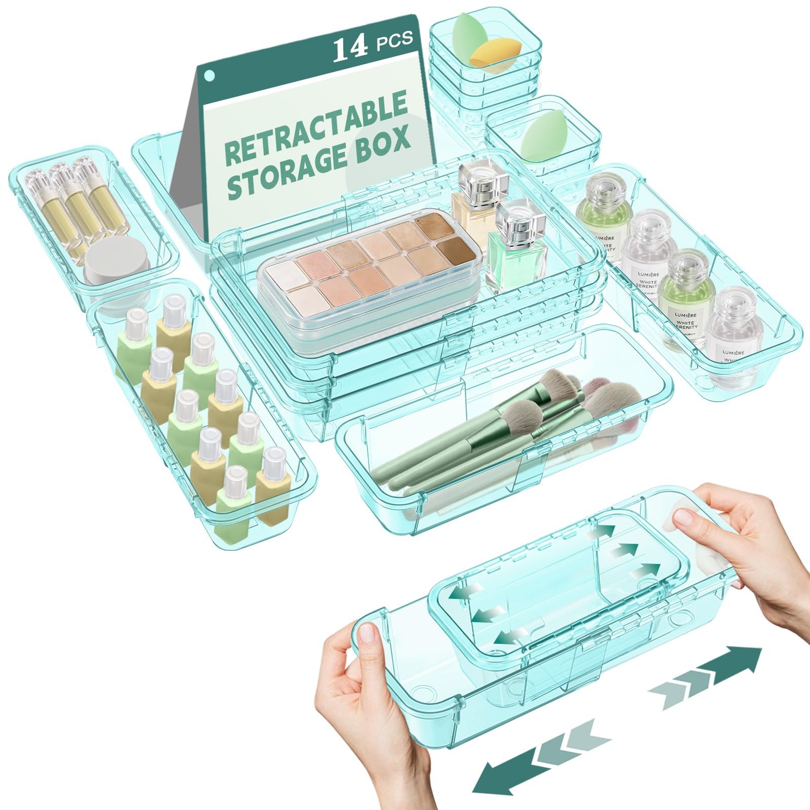 14 Pcs Clear Drawer Organizer, Adjustable Drawer Storage Box, 3-Size Desk Dra...
