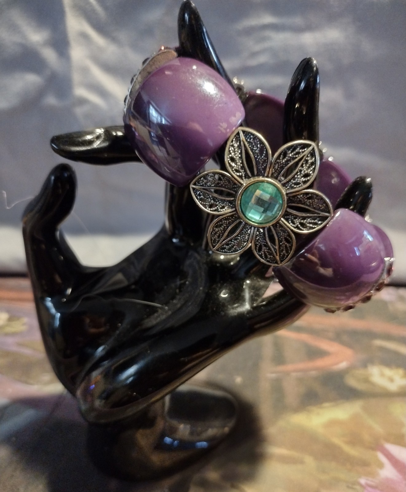 Handcrafted Teal & Purple Floral Beaded Stretch Bracelet