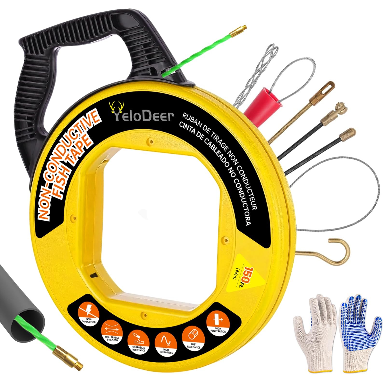 Non-Conductive Fish Tape Wire Puller 150 FT x 4.5 mm with Gloves and 7 Adapte