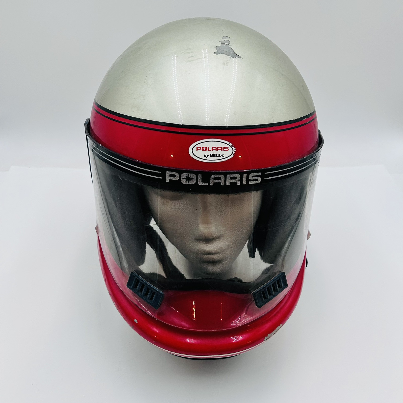 Vtg Polaris By Bell Snowmobile Helmet L 1980’s Flip Up Visor Dot USA Red B Gold