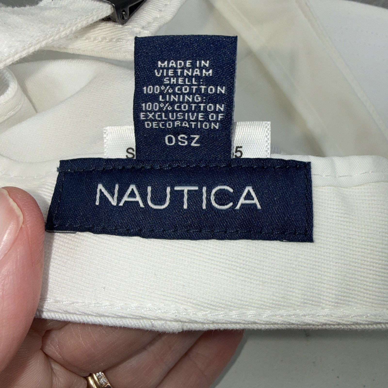 Nautical White Hat Cap w Navy Logo on Front Cotton Strap Buckle