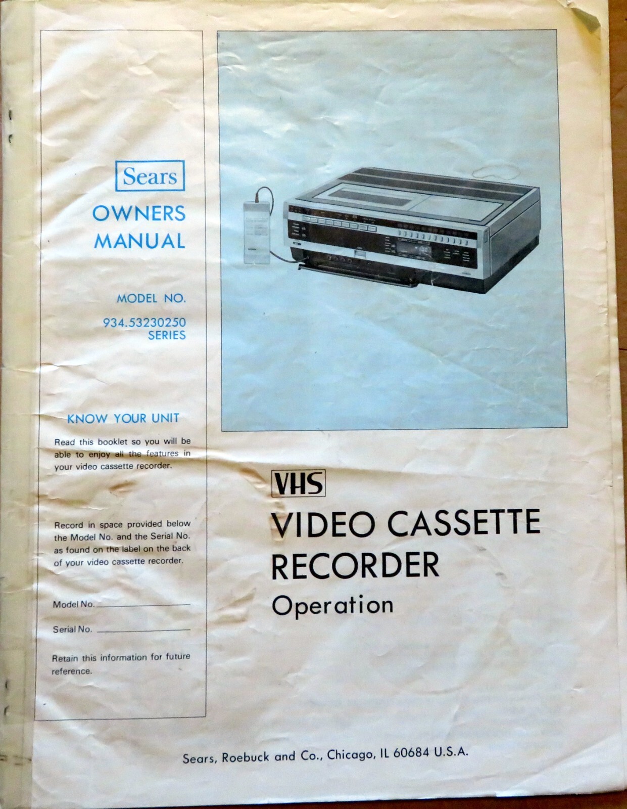 Sears VHS Operation manual - Model No. 934.53230250 Series