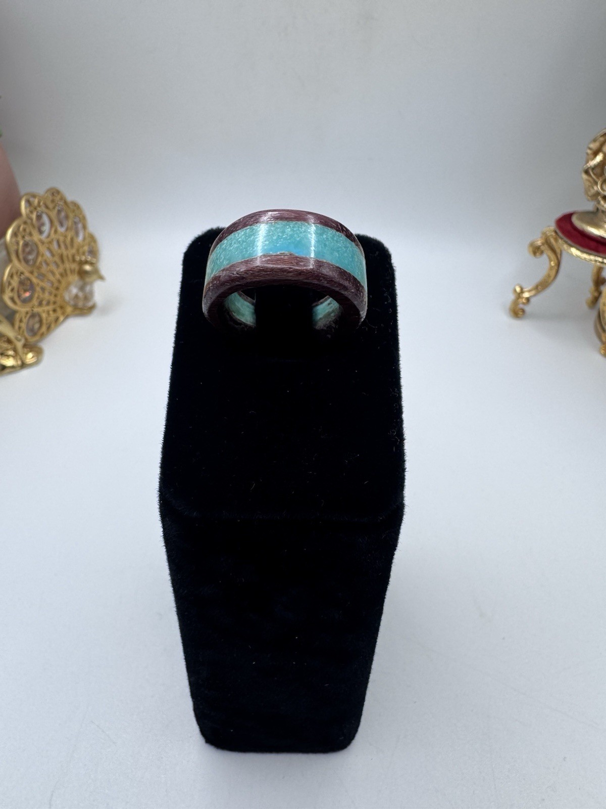 Artisan Wood And Turquoise Chip Band Ring Size 6 Unisex