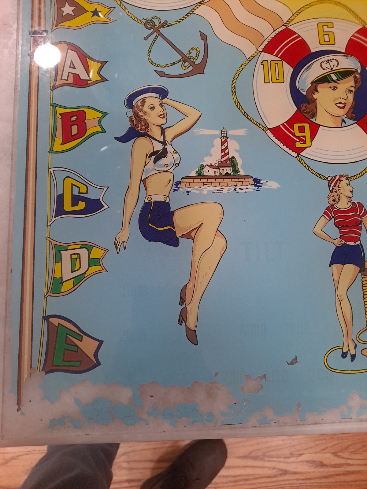 GOTTLIEB,S, ON DECK, Original Pinball Machine BACK GLASS, 1964