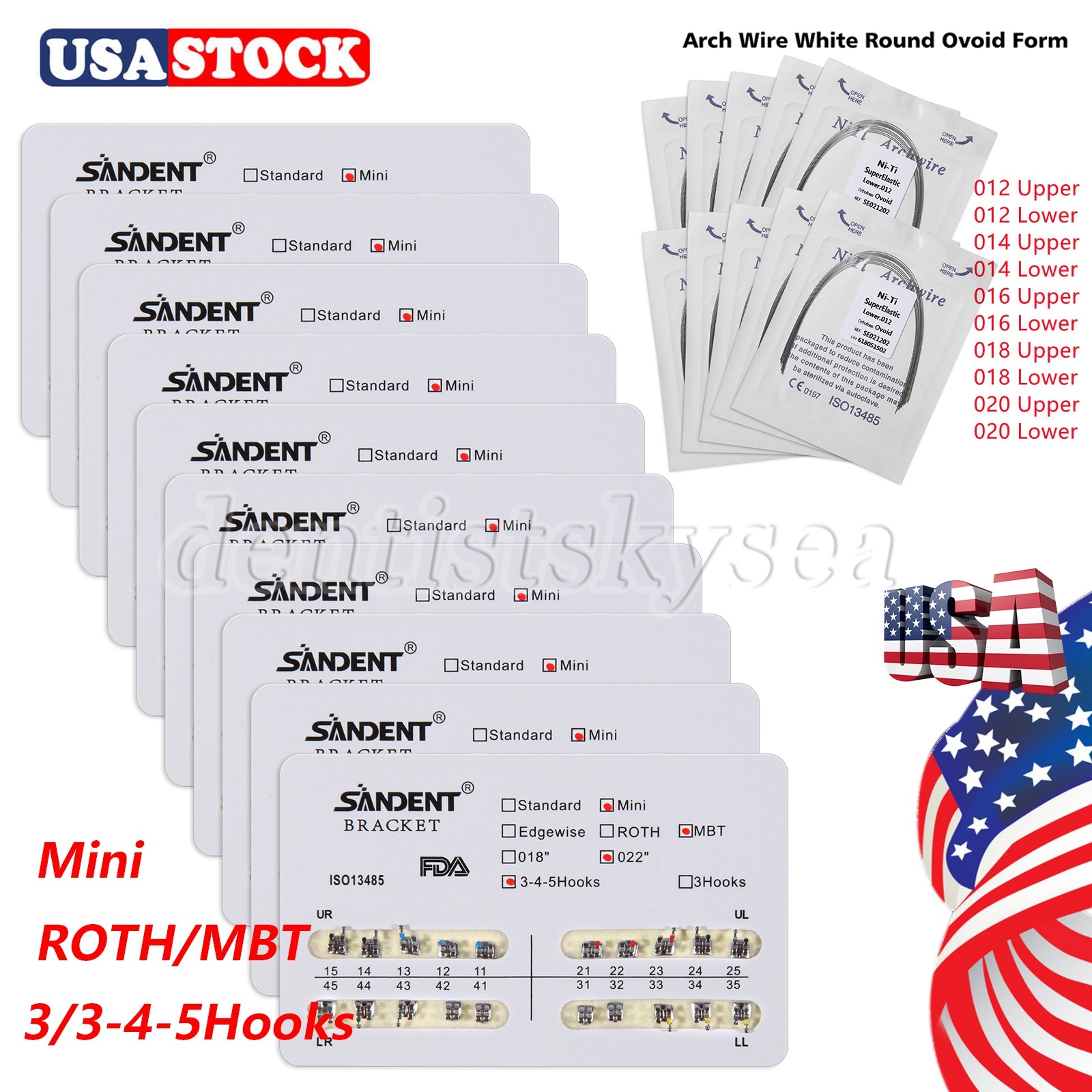 Dental Orthodontic Brackets Braces MINI Roth .022 Hooks 3-4-5 /Arch Wires USA