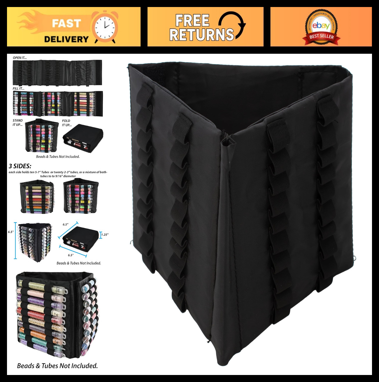 Mini Bead Storage Tower - Portable Organizer for Large & Small Tubes, 6.5", Fold