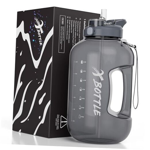1 Gallon Water Bottle with Straw & Chug lid, BPA Free Dishwasher Safe Black