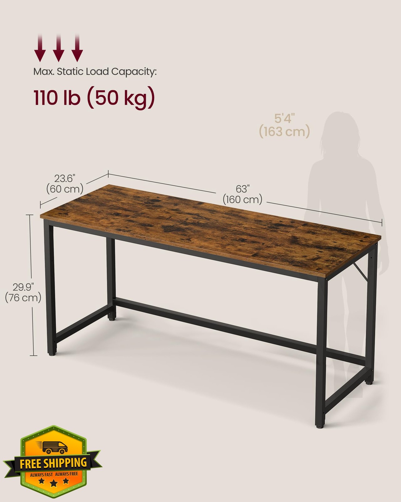 VASAGLE 63" Rustic Brown/Black Computer Desk