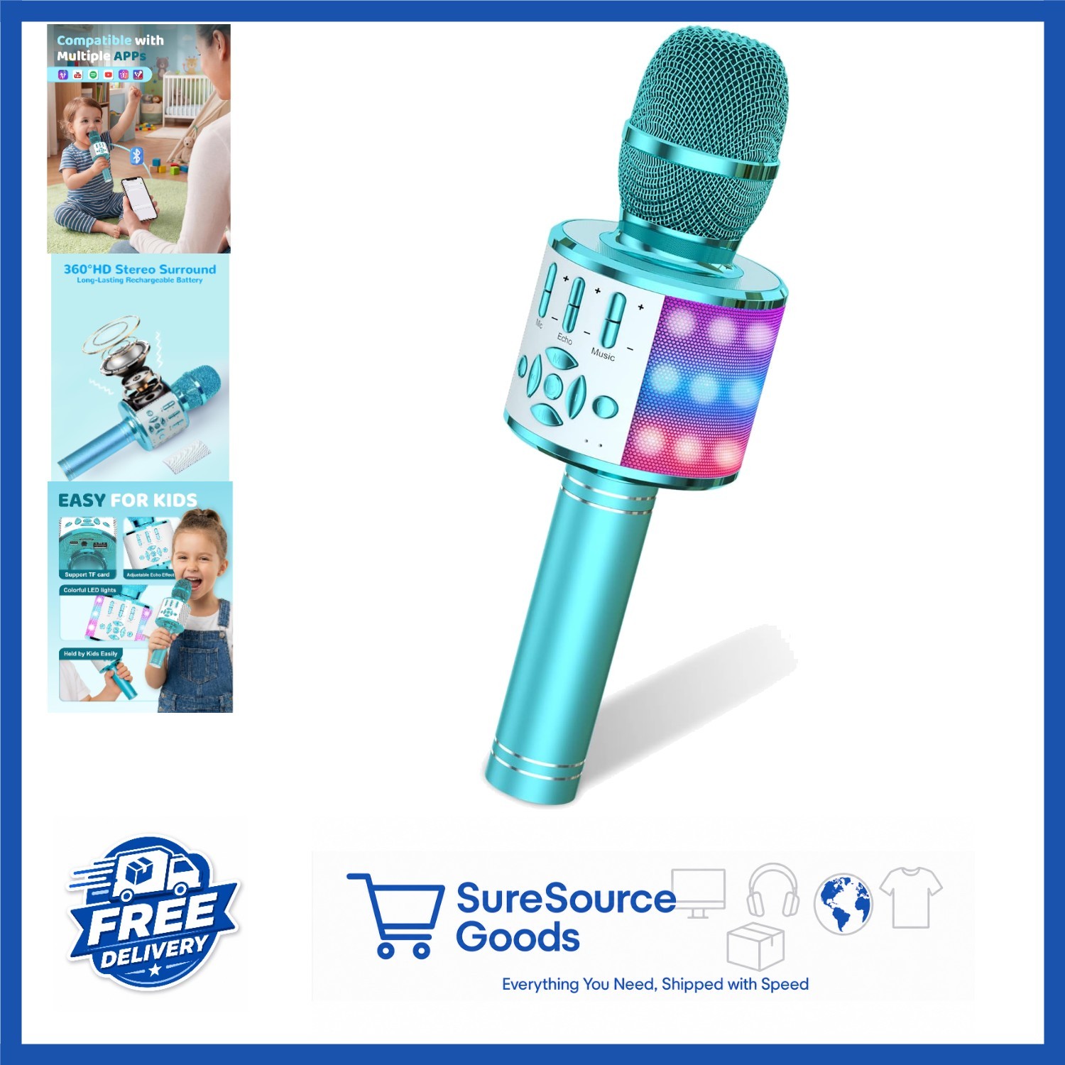 Bluetooth Karaoke Microphone Toy for Kids with LED Lights, Gift for Ages 3-12