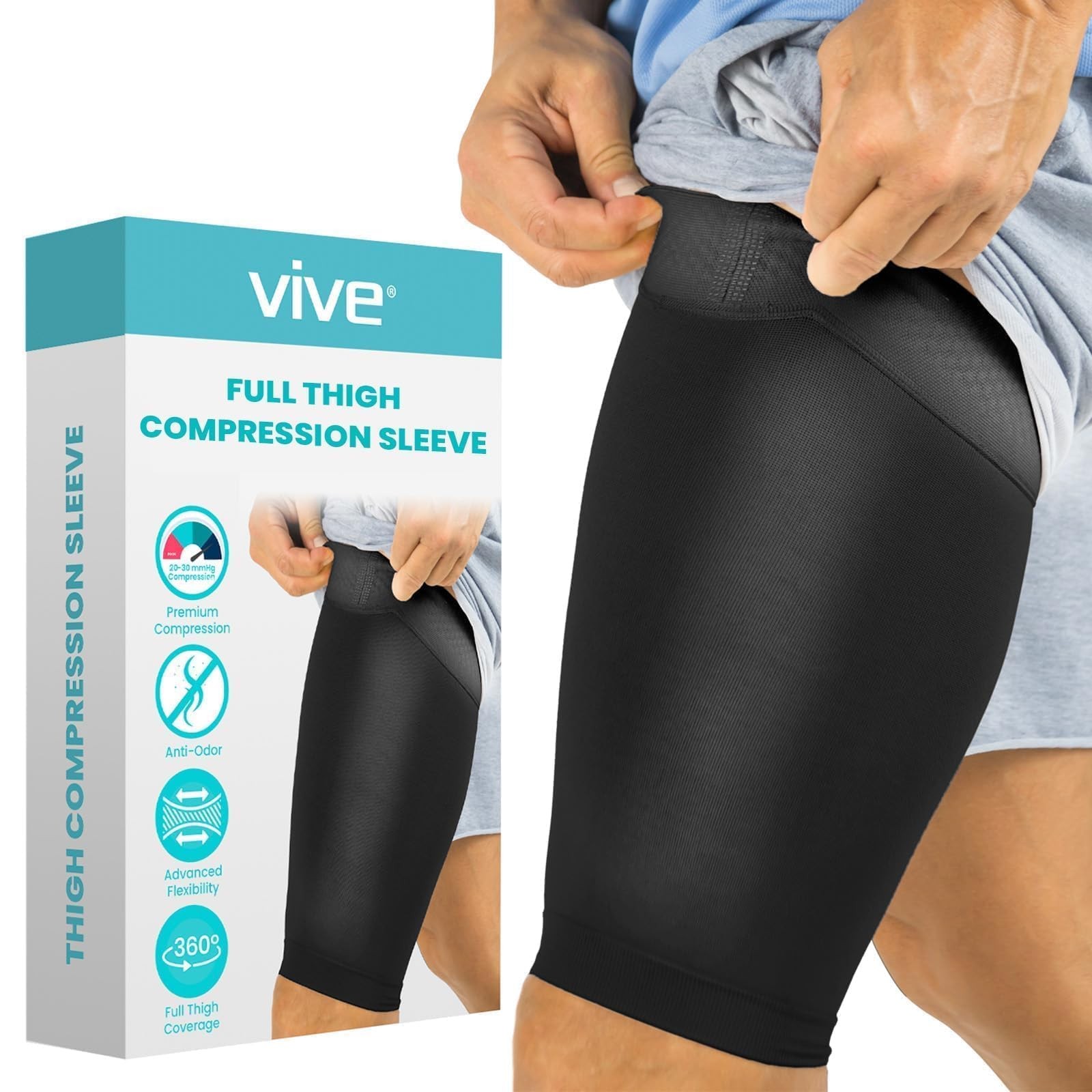 Vive Thigh Compression Sleeve (2-Pack) Hamstring Quad Brace Support - Breathable