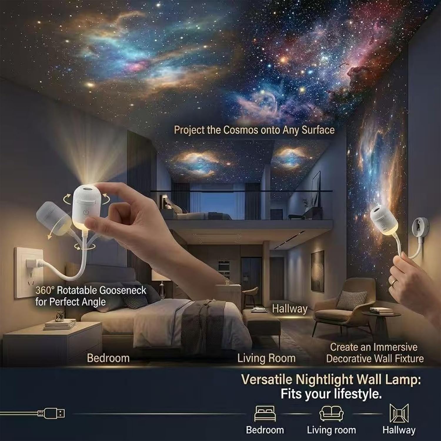 2in1 Galaxy Projector Night Light, 360° Rotating Design USB Portable Night Light