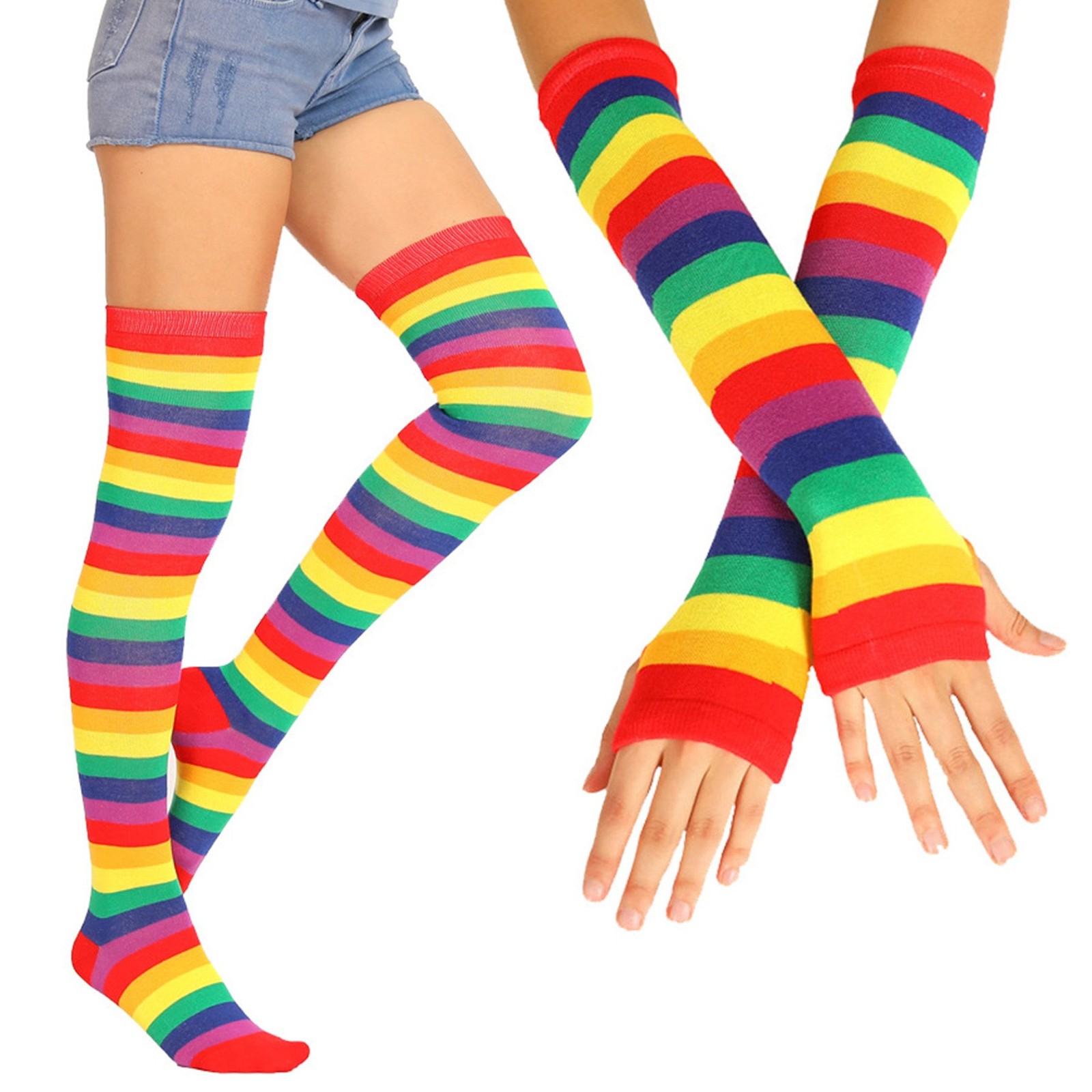 Women Girls Rainbow Striped Knee Thigh High Socks Arm Warmer Gloves Party Wear