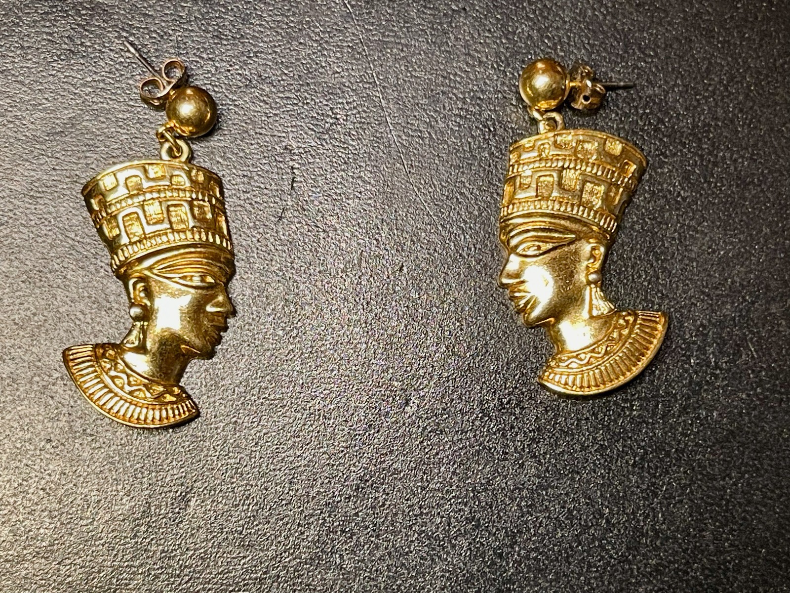 Egyptian Revival, Nefertiti Pierced Dangle Earrings, Gold Tone Marked Avon