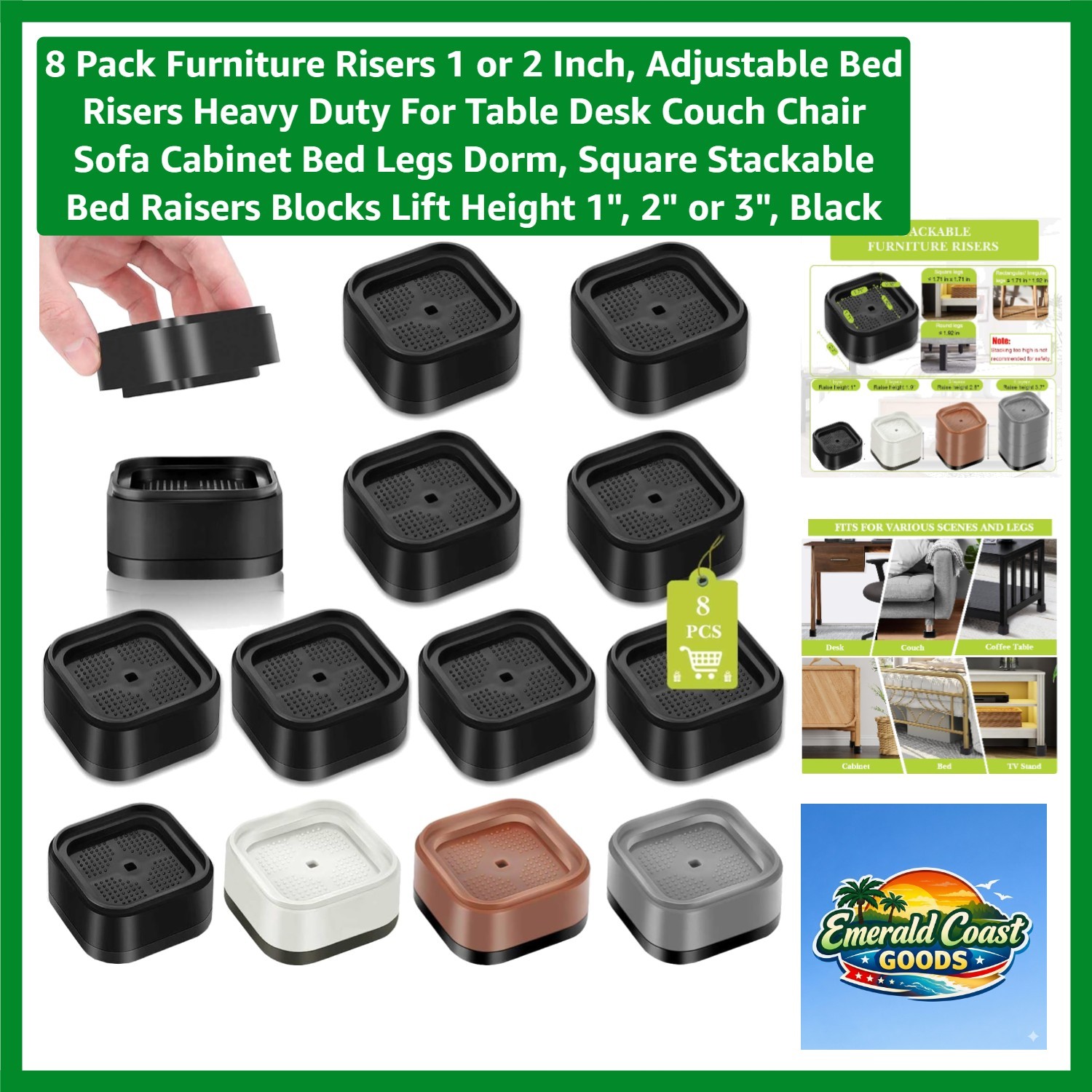 Professional Grade Adjustable Furniture Risers - 8 Pack, 1-3 Inch Lift, Black