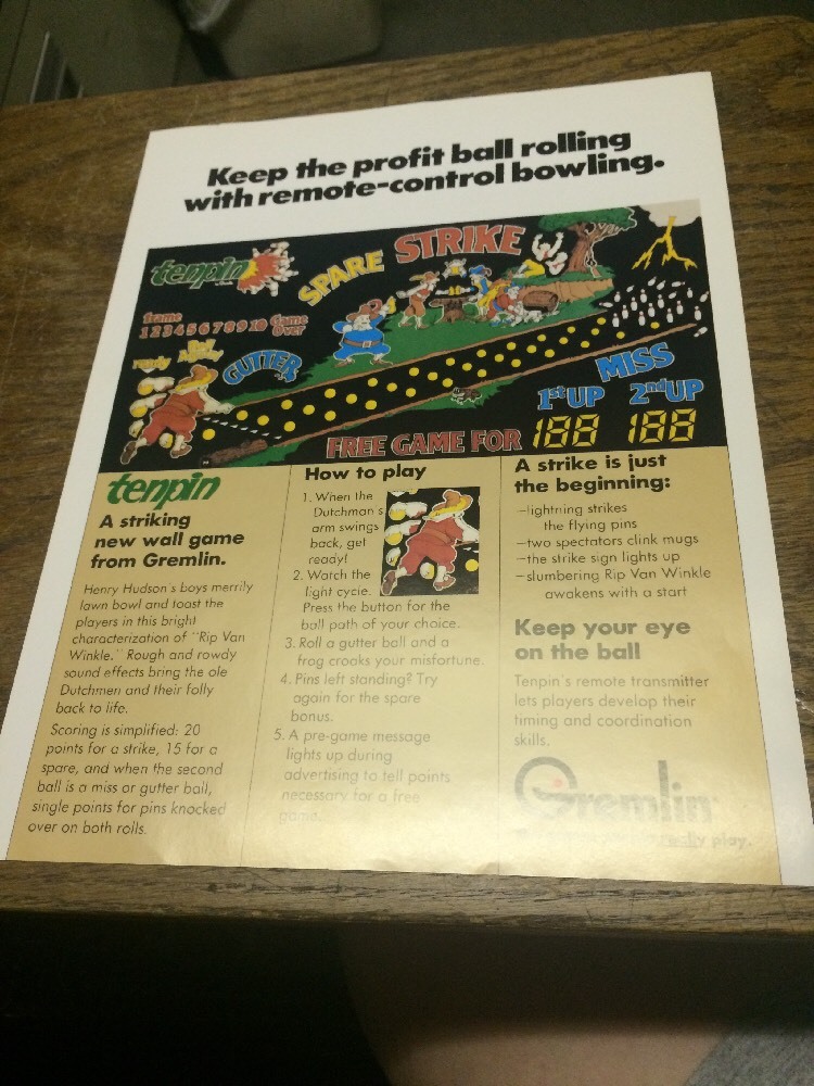 Gremlin TENPIN Arcade Video Game flyer- original