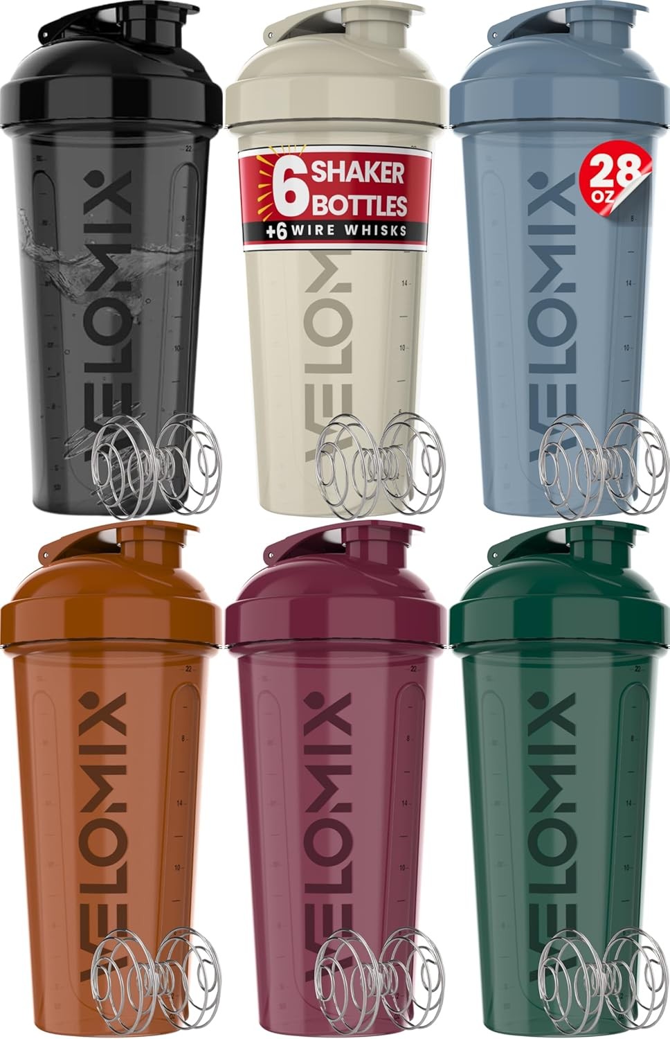 Velomix 6 Pack 28 oz Protein Shaker Bottles with Wire Whisk