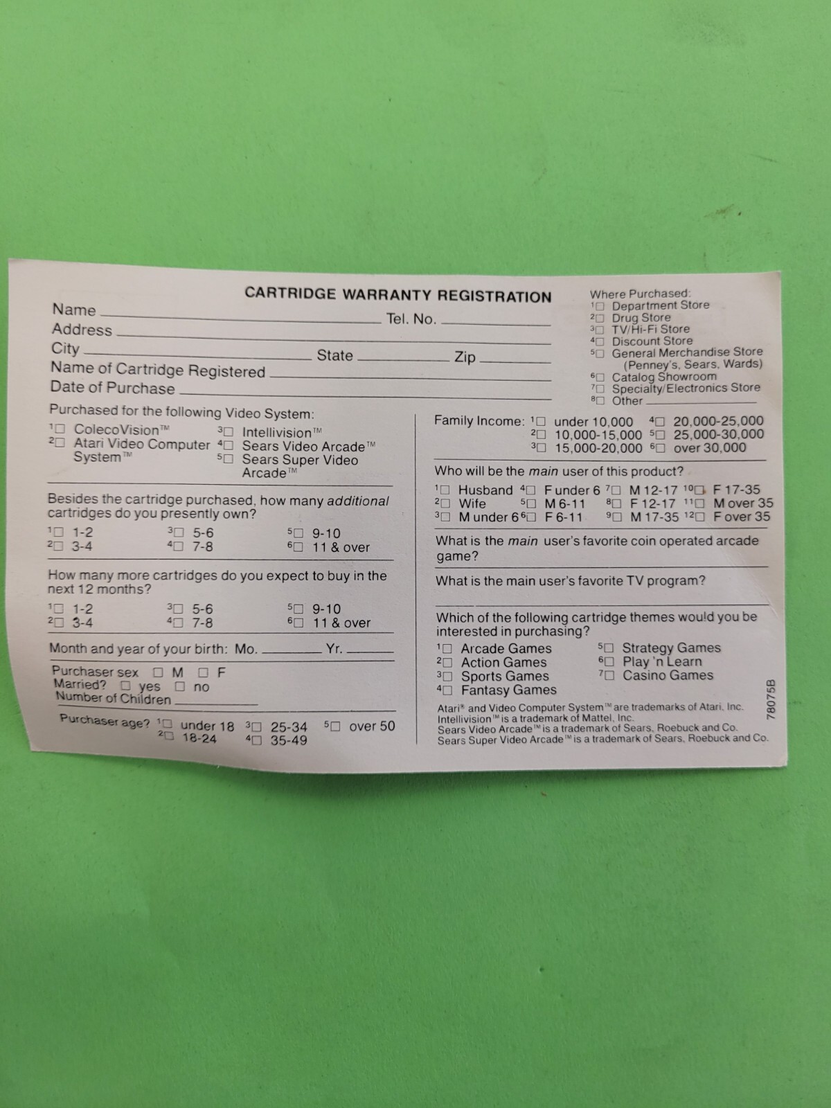 coleco industries colecovision registration Card Insert
