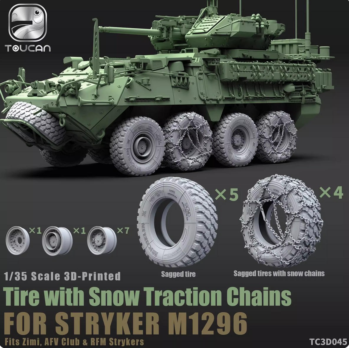 ZIMI&TOUCAN TC3D045 1/35 Tire w/Snow Traction Chains for Stryker M1296 For Zimi
