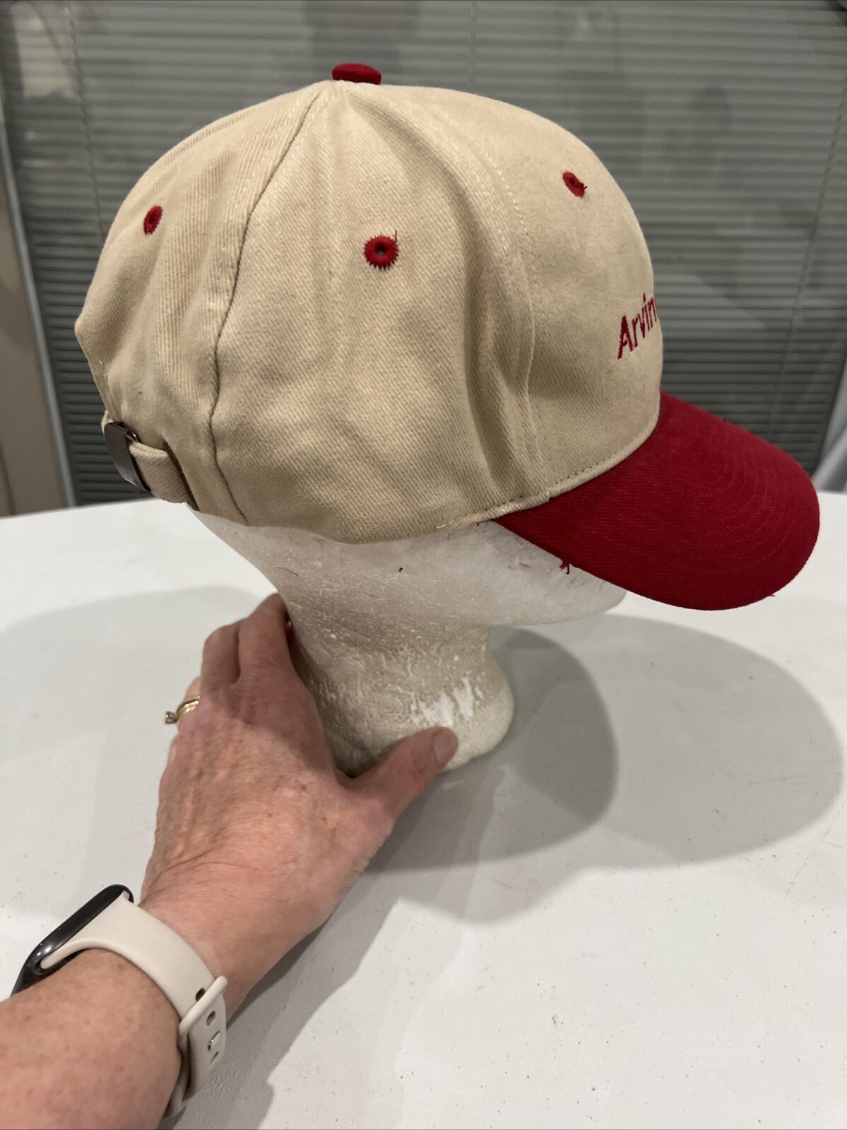 Arvinmeritor Tan w Maroon Bill and Letters Hat Cap Strap Buckle EUC Falcon Brand