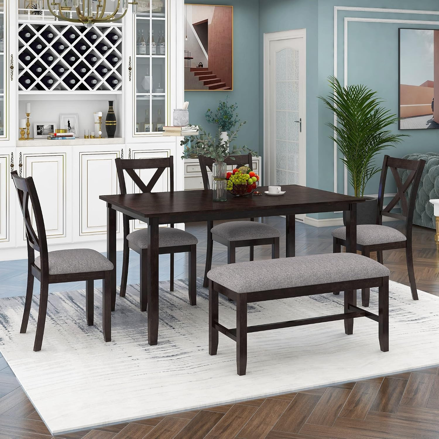 Wooden 6 Pieces Upholstered Dining Table and Chair Sets Include Table+4 Chairs+