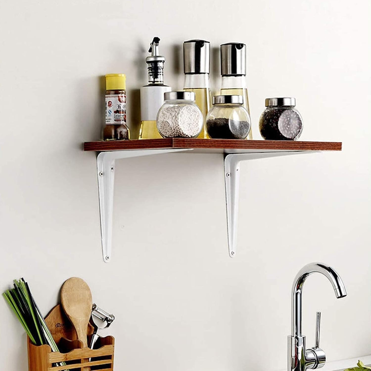 Glossy White 8" x 10" Metal Shelf Brackets | Durable Wall Mount Support, 4 Pack