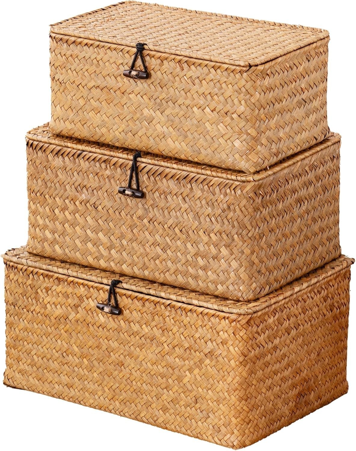Storage Basket W/ Lid Natural Seagrass Bin W/ Lid Set of 3 Shelf Baskets