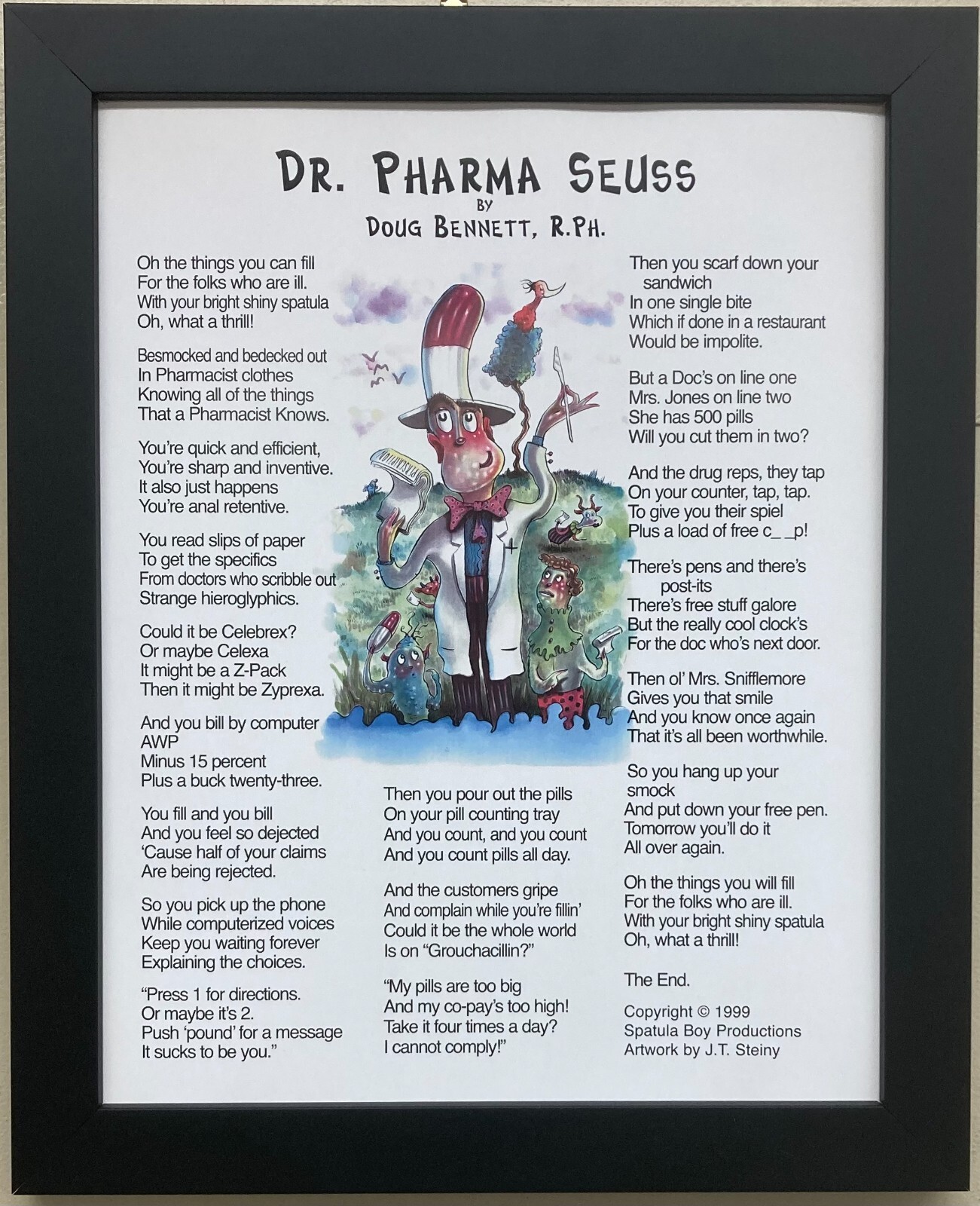 Doug Bennett R. PH "Dr. Pharma Seuss" FRAMED ART Pharmacy Humor Pharmacist NEW