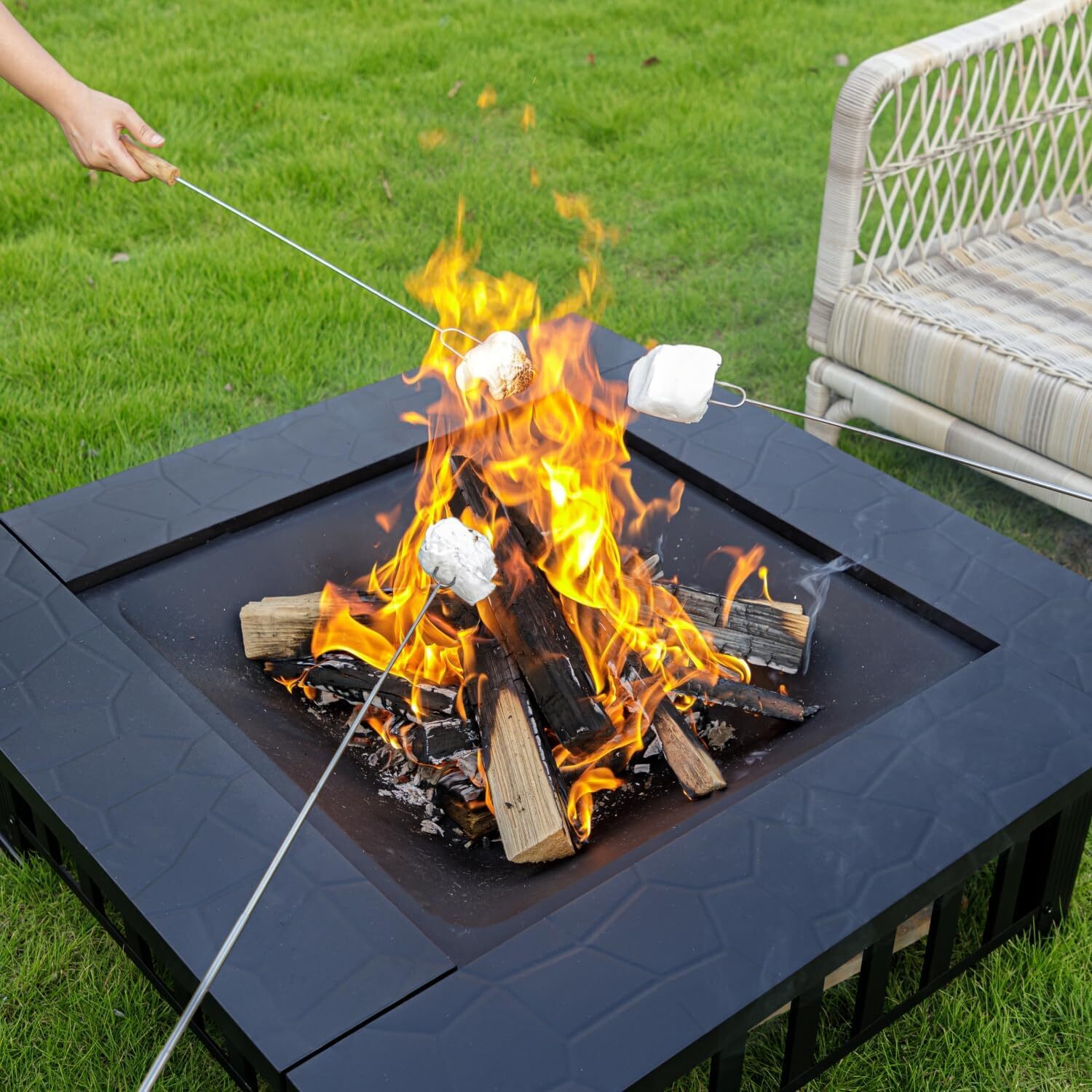 32 inch Fire Pit, Square Outdoor Fire Pit Table with Spark Screen & Fire Poker,