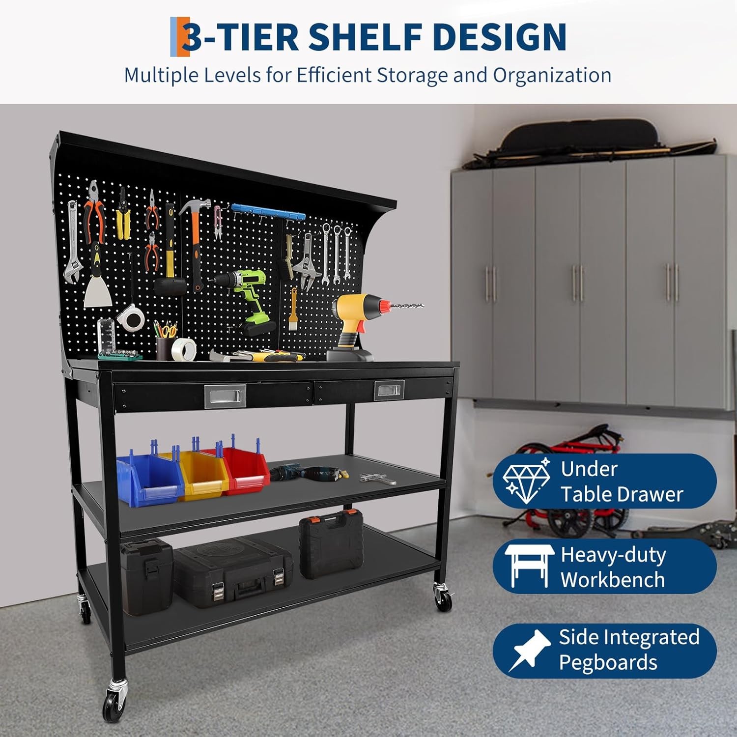 US 48" Workbench Heavy Duty Metal Steel Tool Work Table 3 Storage Shelves Bench