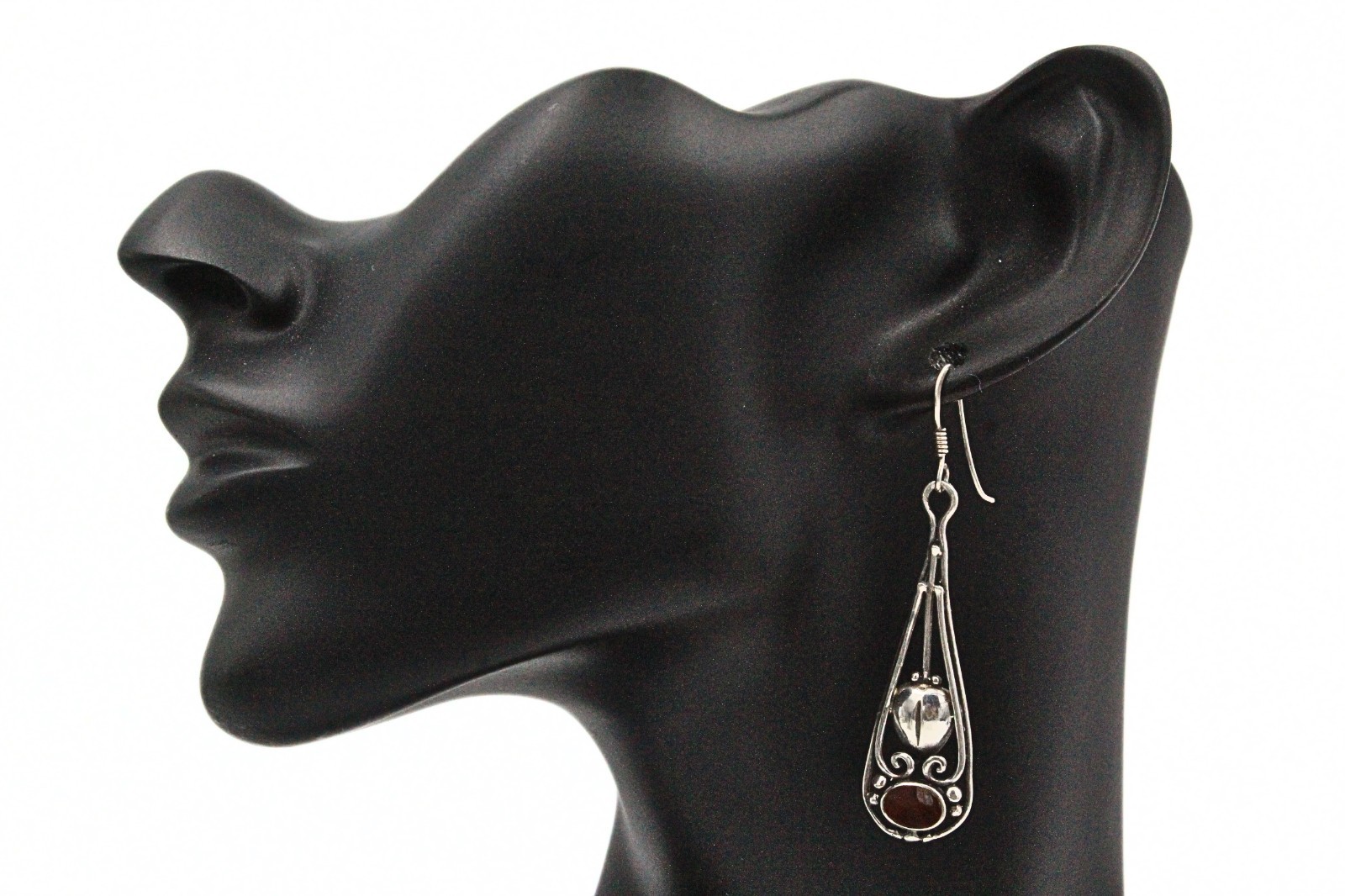 Graceful Signed Sterling Silver Cut Out Swirl Garnet Dangle Drop Earrings