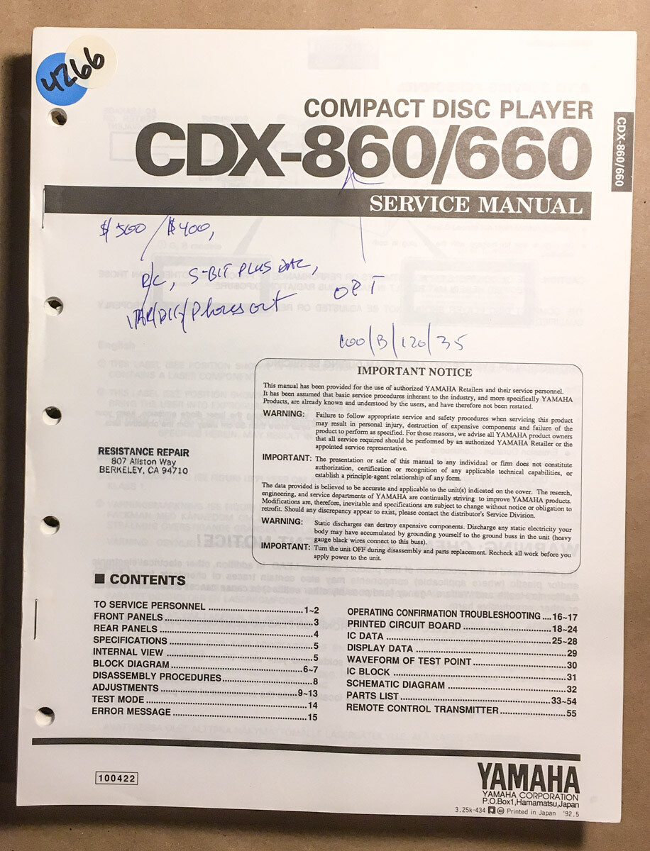 Yamaha CDX-860 CDX-660 CD Player  Service Manual *Original*